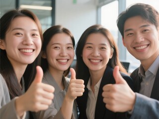 business team celebrating with thumbs up in bright modern office