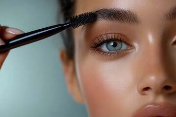 Eyebrow shadow application, eyebrow makeup, close-up of the eyes. Face of female model of European appearance with fashionable makeup, beauty concept. Blue Background