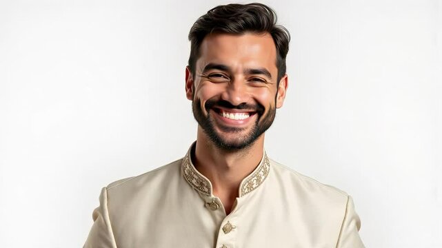 Confident Man in Classic Pathani Suit with Calm Smile on Isolated Background | Traditional Ethnic Menswear in 4K Ultra HD Video Portrait