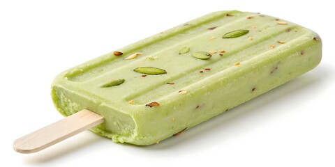 Delicious pistachio popsicle with creamy green color and subtle texture, presented on white for frozen treat ads.