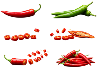 red hot chili pepper set slices transparent background. red hot chili peppers. red and green chili peppers. chilli slices chopped chilli flakes 