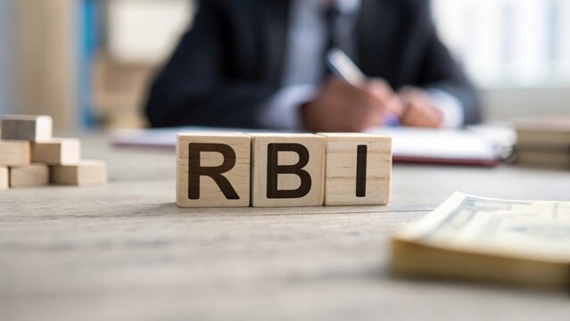 Defocused scene showing RBI letters on wooden cubes representing central banking theme
