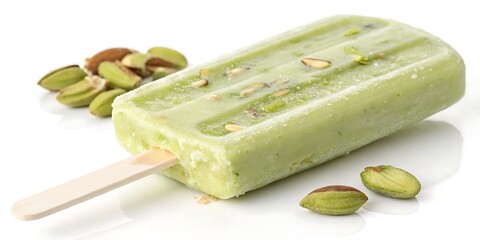 Delicious pistachio popsicle with creamy green color and subtle texture, presented on white for frozen treat ads.