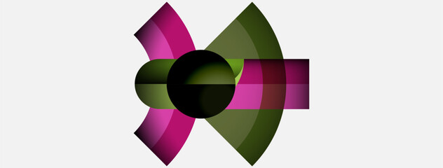 Abstract geometric design. Pink, green hues dominate central form. White background provides contrast. Shapes suggest petals, segments.