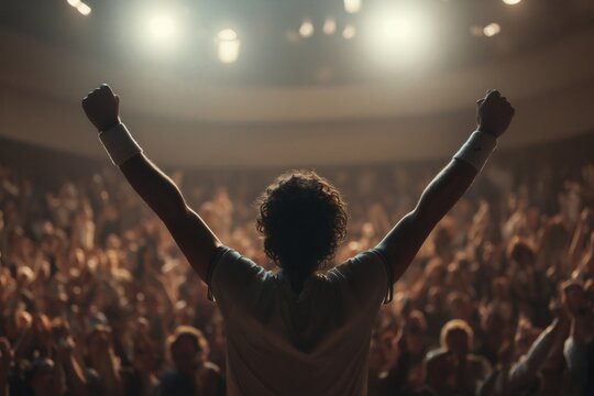 Performer with raised arms on stage in front of a cheering crowd, bathed in bright stage lights, conveying excitement and success.