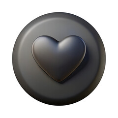 3d realistic black heart icon on circular button isolated on transparent background