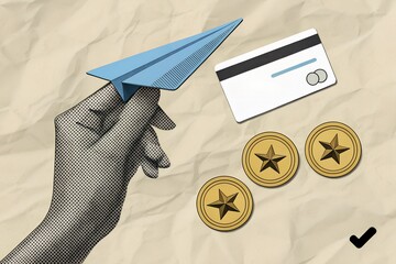 E-commerce Finance Concept with Paper Plane, Credit Card and Coins