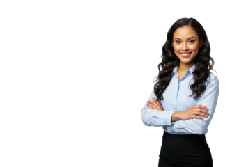 A young, elegant mixed-race woman in a light blue business blouse and black pencil skirt, arms crossed with a confident smile, full-body against a transparent studio background with left copy space,