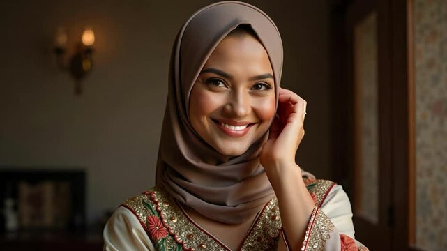 A beautiful Muslim Indian woman smiles modestly at the camera, dressed in a traditional sharara and hijab in this 4k footage.