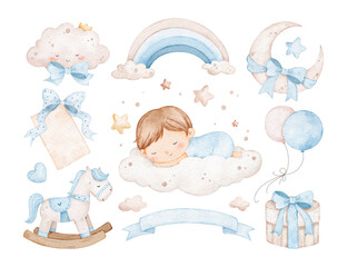 Watercolor Illustration Set of Baby Boy and Nursery Elements