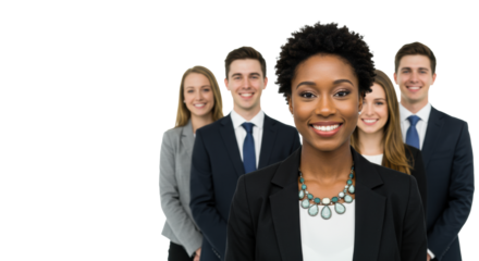 African american woman, 20s-30s, black blazer, multi-stone necklace, smiling confidently at camera. four diverse colleagues behind, professional business attire, against transparent studio background