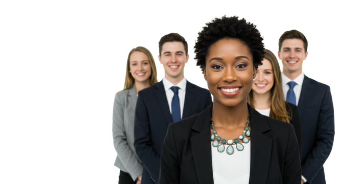 African american woman, 20s-30s, black blazer, multi-stone necklace, smiling confidently at camera. four diverse colleagues behind, professional business attire, against transparent studio background
