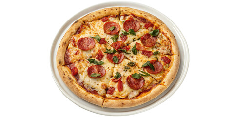 Delicious pepperoni pizza with melted cheese and fresh basil on a white plate
