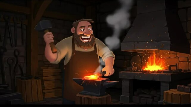Blacksmith in a special workshop, bright orange fire cartoon animation