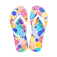 A pair of colorful polka dot flipflops are isolated on transparent background