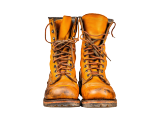 Worn leather boots vintage work boots yellow boots, On Transparent Background, Png