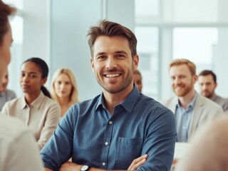 Confident business leader in blue shirt facilitating team discussion in modern meeting room with conference call