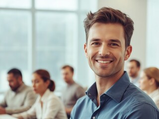 Confident business leader in blue shirt facilitating team discussion in modern meeting room with conference call