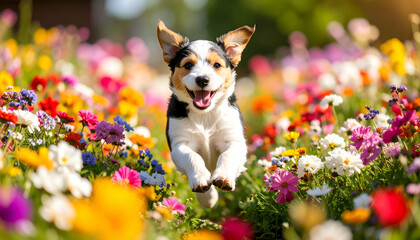 Puppy Running Flower Field Spring.