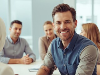 Confident business leader in blue shirt facilitating team discussion in modern meeting room with conference call