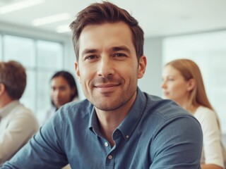 Confident business leader in blue shirt facilitating team discussion in modern meeting room with conference call