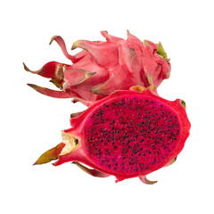 Whole and sliced red fleshed dragon fruit Isolated on transparent background