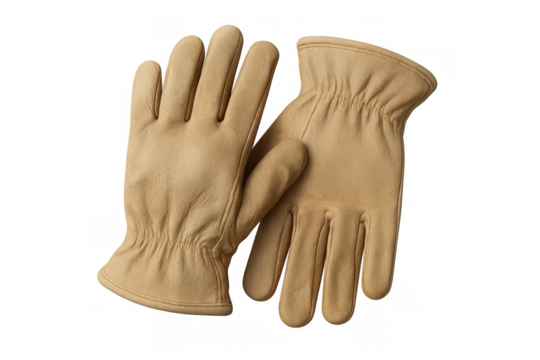 Protective leather work gloves in beige color, isolated studio shot, highlighting safety and manual labor essentials