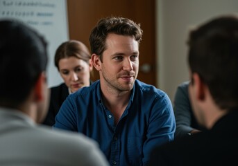 Confident business leader in blue shirt facilitating team discussion in modern meeting room with conference call