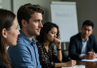 Confident business leader in blue shirt facilitating team discussion in modern meeting room with conference call