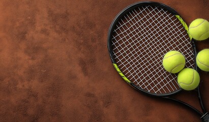 Top view flat lay of a tennis racket and bright yellow balls on a terracotta clay court with copy space, perfect for sports event banners or promotional advertising materials