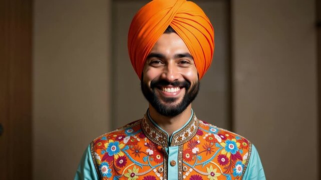 A Punjabi man dressed in a vibrant kurta and a colorful turban stands smiling directly at the camera, captured in stunning 4K resolution.