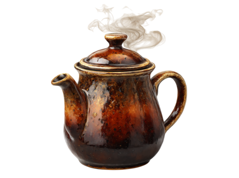 Steaming brown ceramic teapot hot drink kitchenware, On Transparent Background, Png