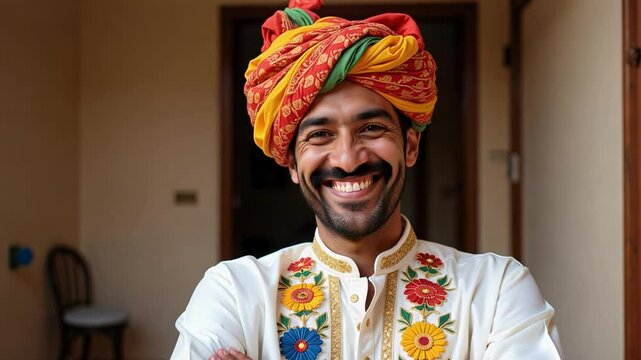 A Rajasthani man smiles proudly for the camera, showcasing his colorful turban and intricately embroidered kurta in stunning 4k footage