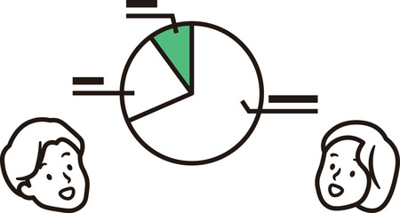 円グラフを分析しながら打合せをしているビジネスウーマンとビジネスマンのシンプルなイラスト素材