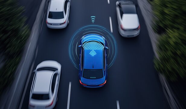 Overhead view of a blue car surrounded by transparent glass ring icons representing AI-powered smart traffic control system, showcasing autonomous driving technology and real-time data collection