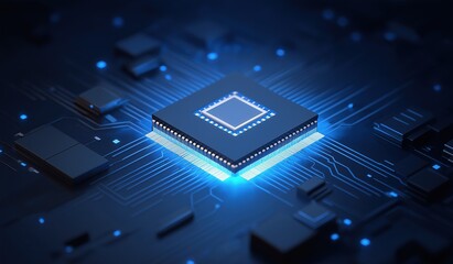a futuristic high-tech chip illuminated in vibrant blue light on dark background, showcasing intricate circuit board design with digital data streams and advanced computer technology concepts