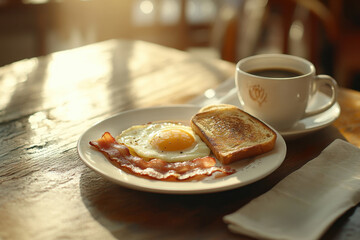 Homemade American breakfast. Fried eggs with bacon and toast, a cup of coffee on a wooden table. Healthy breakfast. The concept of healthy eating. Morning Sunlight