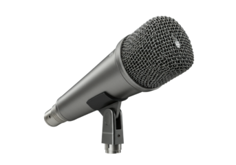 A gleaming silver and dark grey professional dynamic microphone, modern and robust, angled against a transparent isolated studio background with bright, even, shadowless lighting, concept for