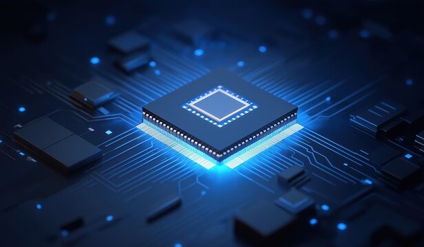 a futuristic high-tech chip illuminated in vibrant blue light on dark background, showcasing intricate circuit board design with digital data streams and advanced computer technology concepts