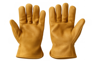 Sturdy leather work gloves providing hand protection, isolated on a transparent background, ensuring safety and grip