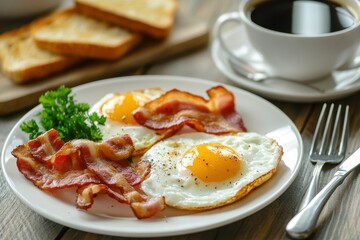 Homemade American breakfast. Fried eggs with bacon and toast, a cup of coffee, a knife and fork on a wooden table. Healthy breakfast. The concept of healthy eating