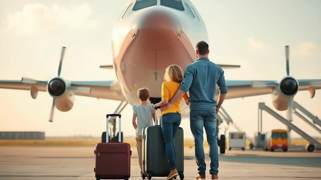 A family with luggage stands on the tarmac, ready to board an airplane for their vacation