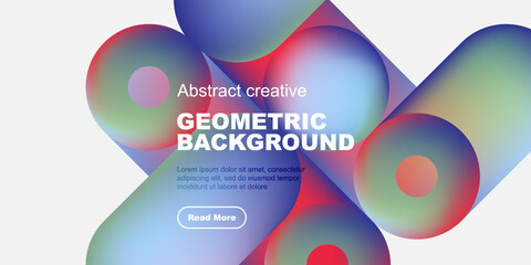 Vibrant fluid shapes overlap, creating dynamic geometric background. Text promotes further exploration. Modern design elements present.