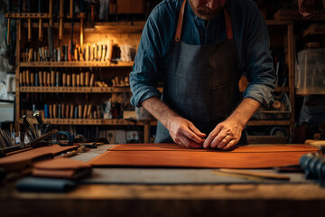 Skilled craftsman creating custom leather goods in a small workshop, tools neatly arranged,