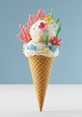 Ocean Themed Vanilla Ice Cream with Coral Sugar Art and Seashell Topping. Underwater Fantasy Dessert