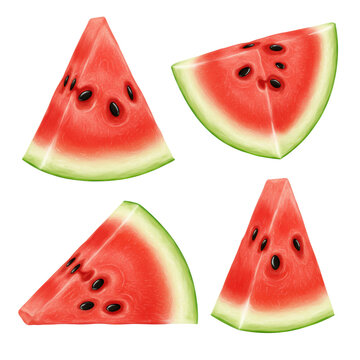 Juicy, glistening watermelon slices with ruby-red flesh, black seeds, green rind, triangular and quarter-round shapes, isolated on a bright transparent background with a top-down view, high-key