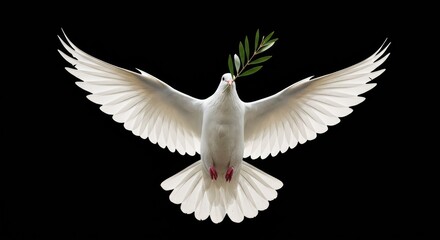 Fototapeta premium A pure white dove captured in mid-flight with wings fully spread, carrying an olive branch