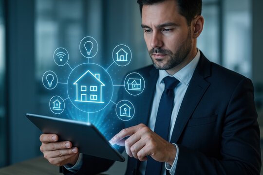 Smart Home Control: A man in a suit interacts with a digital interface, managing various smart home functions and technology with his tablet, representing innovation in smart home automation.