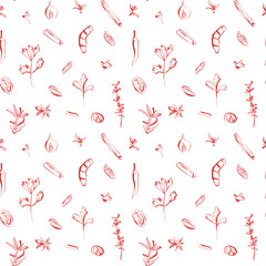 Seamless hand drawn pattern with red spices and herbs on white background for food packaging and textile design