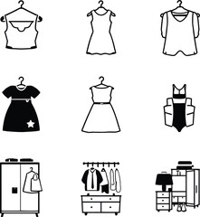 👗 Clothing and Wardrobe Icon Set Vector Illustration Featuring Nine Black Silhouette Icons in a 3x3 Grid Including Dresses, Tops, Swimsuit, Wardrobes, Hangers, Dresser, and Storage Furniture